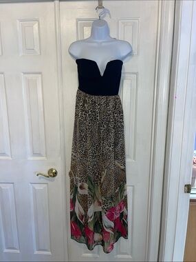 Strapless Black Bodice Maxi Dress with Leopard & Floral Skirt